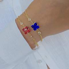 Pulseira Corrente dupla Com Zircônia Quadrada Azul e Pontos de Luz Banho Ouro 18K na internet