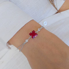 Pulseira Corrente dupla Com Zircônia Quadrada Rubi e Pontos de Luz Banho Ródio Branco