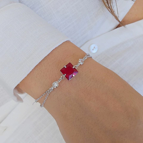 Pulseira Corrente dupla Com Zircônia Quadrada Rubi e Pontos de Luz Banho Ródio Branco