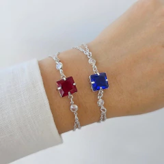 Pulseira Corrente dupla Com Zircônia Quadrada Rubi e Pontos de Luz Banho Ródio Branco - Semijoias em Brincos, Colares, Anéis e Pulseiras | Lua Mia Semijoias