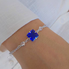 Pulseira Corrente dupla Com Zircônia Quadrada Azul e Pontos de Luz Banho Ródio Branco - Semijoias em Brincos, Colares, Anéis e Pulseiras | Lua Mia Semijoias