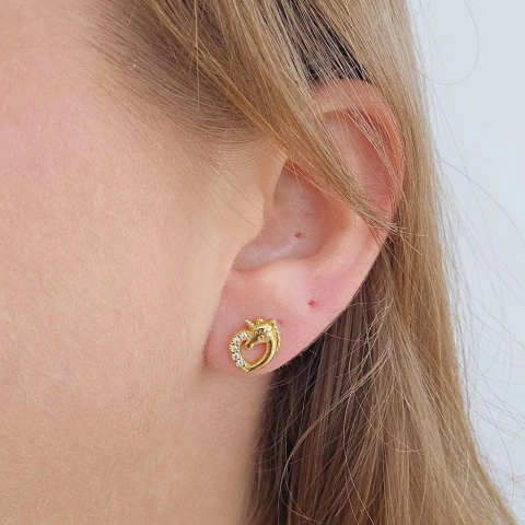 Brinco Infantil Unicórnio Coração Cravejado Zircônias Banho Ouro 18K