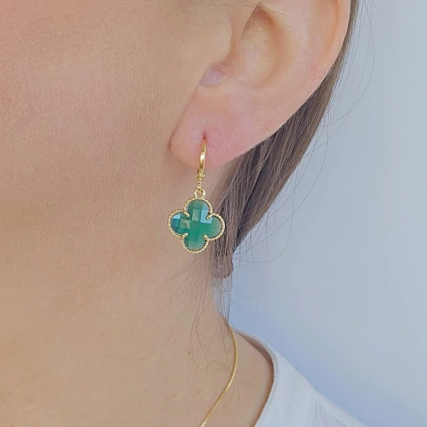 Brinco Argola Pingente Inspiração Trevo de Cristal Verde Mar Banho Ouro 18K