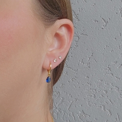 Brinco Argolinha Espelhada e Gota Cristal Azul Marinho Banho Ouro 18k - loja online