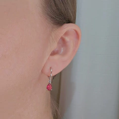 Brinco Argolinha Espelhada e Gota Cristal Rosado Banho Ródio Branco