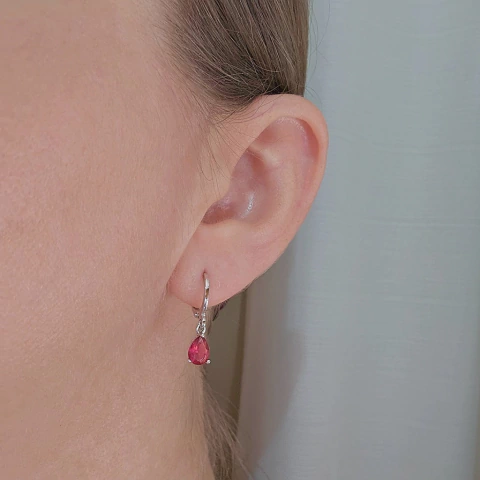 Brinco Argolinha Espelhada e Gota Cristal Rosado Banho Ródio Branco