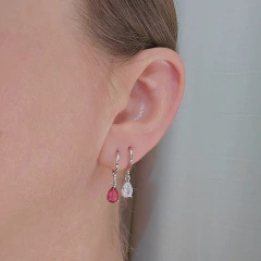 Brinco Argolinha Espelhada e Gota Cristal Branco Banho Ródio Branco - Semijoias em Brincos, Colares, Anéis e Pulseiras | Lua Mia Semijoias