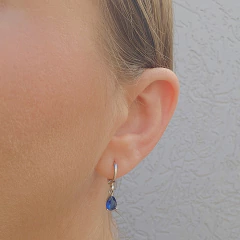 Brinco Argolinha Espelhada e Gota Cristal Azul Marinho Banho Ródio Branco