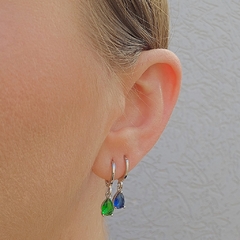 Brinco Argolinha Espelhada e Gota Cristal Verde Banho Ródio Branco - Semijoias em Brincos, Colares, Anéis e Pulseiras | Lua Mia Semijoias