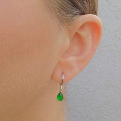 Brinco Argolinha Espelhada e Gota Cristal Verde Banho Ródio Branco