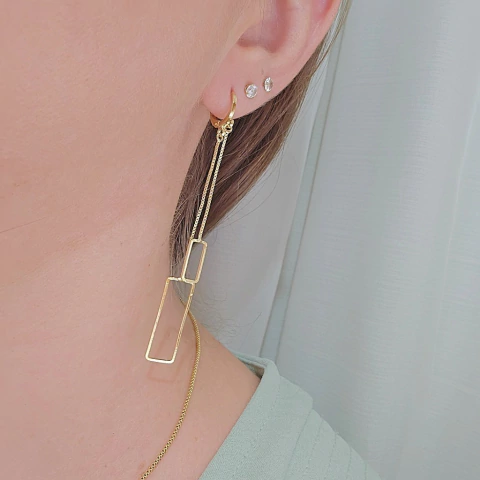 Brinco Argolinha com Veneziana e Pingentes Geométricos Banho Ouro 18K