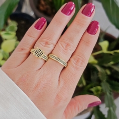 Anel Solitário 2 Faixas Cravejadas de Zircônias Negras Banho Ouro 18K - loja online