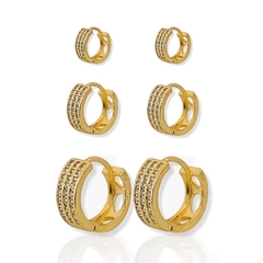 Trio Argolinhas 3 Faixas Cravejadas com Zircônias Brancas Folheado Ouro 18K - comprar online