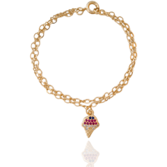 Pulseira Infantil Dupla Com Pingente Sorvete Cravejado Banho Ouro 18K