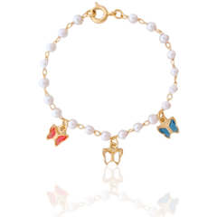 Pulseira Infantil Pérolas e Borboletas Banho Ouro 18K