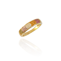 Anel Meia Aliança Três Faixas Cravejadas de Zircônias Coloridas Banho Ouro 18K