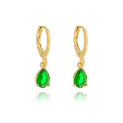 Brinco Argolinha Espelhada e Gota Cristal Verde Banho Ouro 18k