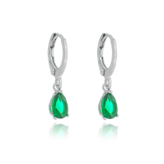 Brinco Argolinha Espelhada e Gota Cristal Verde Banho Ródio Branco - comprar online