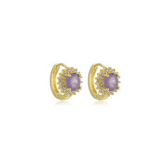 Brinco Argolinha Pedra Fusion Lilás Cravejada Zircônias Brancas Banho Ouro 18K