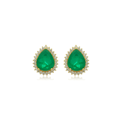 Brinco Gota Fusion Esmeralda Cravejada Zircônias Brancas Banho Ouro 18K