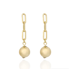 Brinco Corrente Cart e Esfera Espelhada Banho Ouro 18K