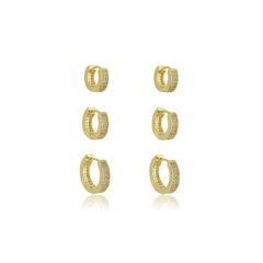 Trio de Argolas Frente e Costas Cravejadas de Zircônias Brancas Banho Ouro 18K