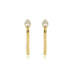 Brinco Gota de Zircônia Branca e Fita Espelhada Banho Ouro 18K