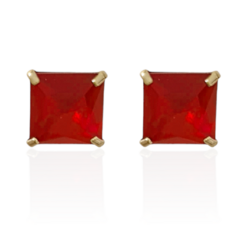 Brinco Quadrado Grande Zircônia Rubi Banho Ouro 18K