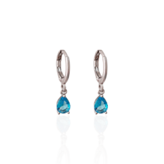 Brinco Argolinha Espelhada e Gota Cristal Azul Turquesa Banho Ródio Branco - comprar online