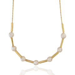 Colar Longo Pérolas e Tubos Espelhados Banho Ouro 18k - comprar online