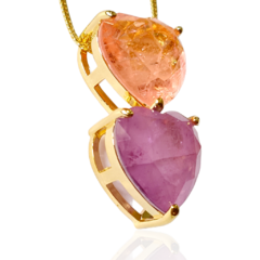 Colar Dois Corações Pedra Fusion Rosa e Lilás Banho Ouro 18K