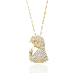 Colar Pingente Nossa Senhora em Perfil Cravejada de Zircônias Brancas Banho Ouro 18K