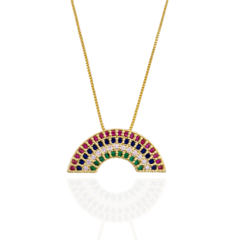 Colar Pingente Arco-Íris Cravejado de Zircônias Coloridas Banho Ouro 18K