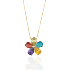 Colar Flor Gotas de Zircônias Coloridas Banho Ouro 18K