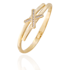 Bracelete Com "X" Cravejado Zircônias Brancas Banho Ouro 18K