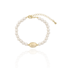 Pulseira Inteira em Pérolas e Centro com Detalhe Oval Espelhado Banho Ouro 18K