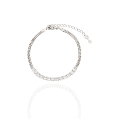 Pulseira Veneziana Dupla com Faixa de Riviera Branca Banho Ródio Branco