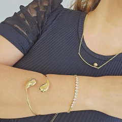Pulseira Veneziana Dupla com Faixa de Riviera Branca Banho Ouro 18K - Semijoias em Brincos, Colares, Anéis e Pulseiras | Lua Mia Semijoias