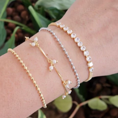 Pulseira Veneziana Dupla com Faixa de Riviera Branca Banho Ouro 18K