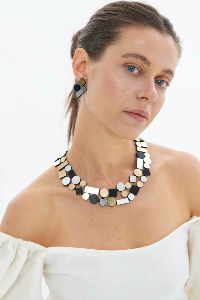 Collar Bauhaus Round - Double Layer - Plata/ Oro/Negro thumbnail 2