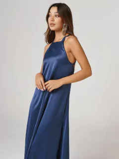 VESTIDO HALTER SEDA AZUL MARINO - Enbabia