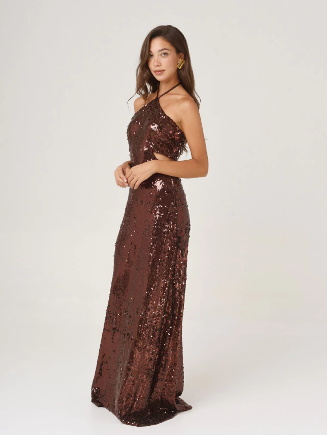 VESTIDO PILI LENTEJUELAS LARGO MARRON — imagen 5