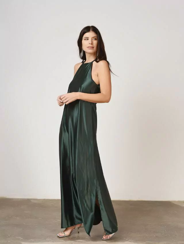 VESTIDO HALTER SEDA VERDE BOTELLA — imagen 4