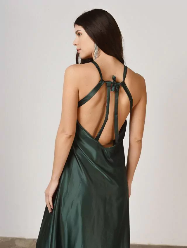 VESTIDO HALTER SEDA VERDE BOTELLA — imagen 2