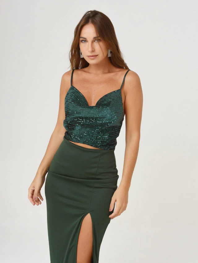 Conjunto top Rita y pollera Lucy Tajo verde botella Enbabia