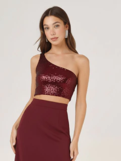 CONJUNTO TOP ANTONIA LENTEJUELAS + POLLERA LUCY TAJO BORDEAUX