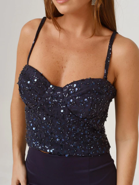 CONJUNTO CORSET Y POLLERA PLATO AZUL MARINO