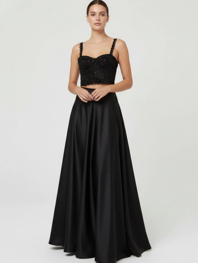 CONJUNTO CORSET ANTONIA NEGRO + POLLERA SEMI PLATO