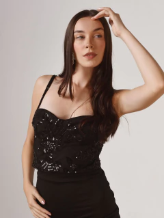 CONJUNTO CORSET Y POLLERA PLATO NEGRO