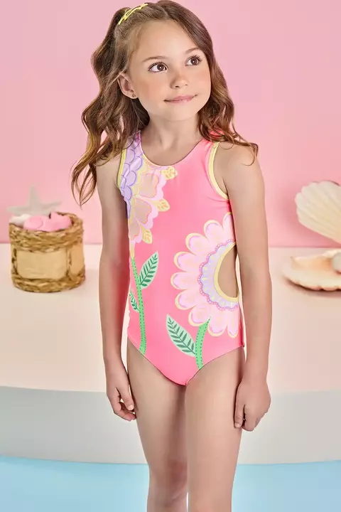 Maiô Florido em Malha Uv Dry com Proteção Uv 50+ Rosa Neon Infanti